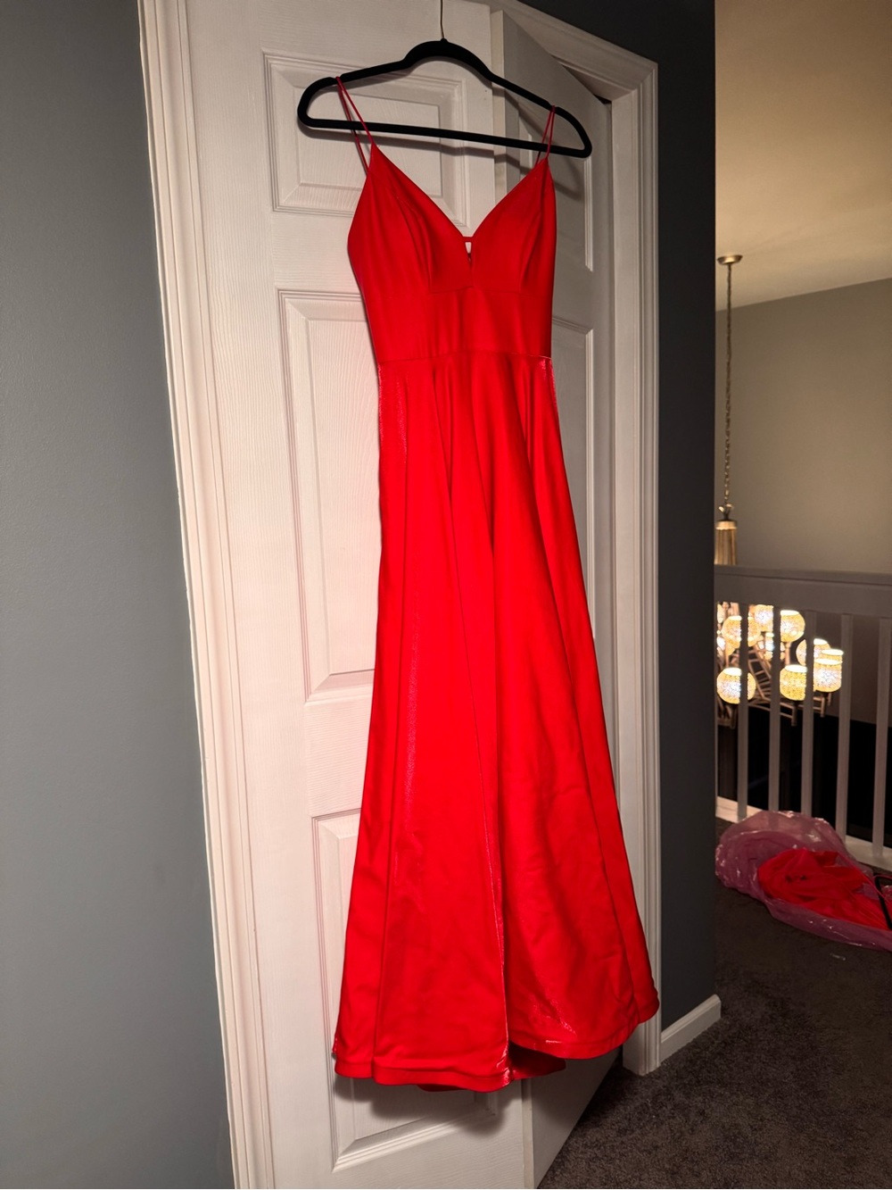 Camille La Vie Red Spaghetti-Strap Prom Gown
